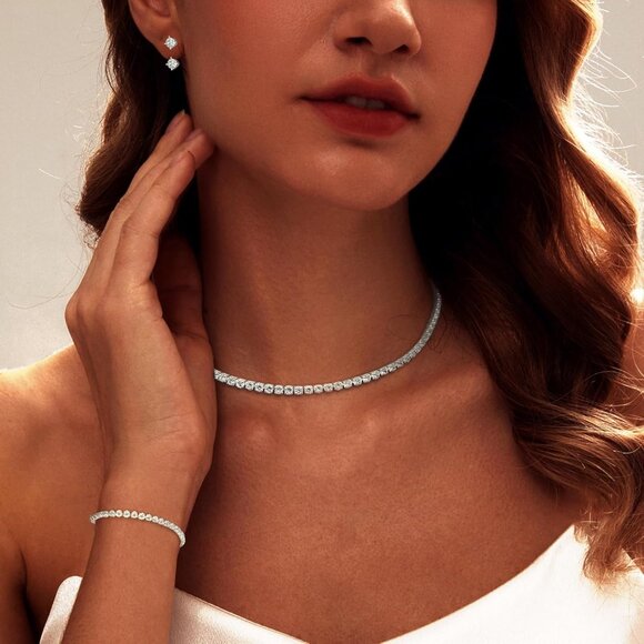 Tennis Necklace Set for Women Tennis Bracelets Diamond Earrings Sterling Silver - Picture 4 of 7